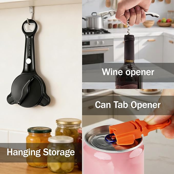 Adjustable Jar Opener for Weak Hands, 4-in-1 Multi-Function Manual Bottle Opener and Corkscrew Set for Seniors with Arthritis, Universal Lid Gripper Kitchen Gadget for All Jar Sizes (Black)