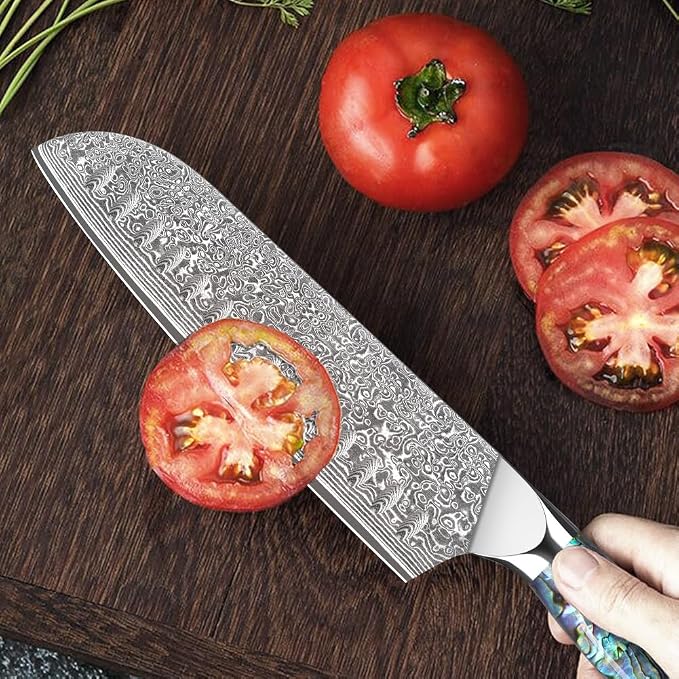 Home Safety Damascus Santoku Knife, 18cm Chef's Knifes Made of 67 Layers of VG-10 Damascus Steel, Full Tang Razor Sharp Kitchen Knife with Ergonomic Abalone Shell Handle, Gift Box