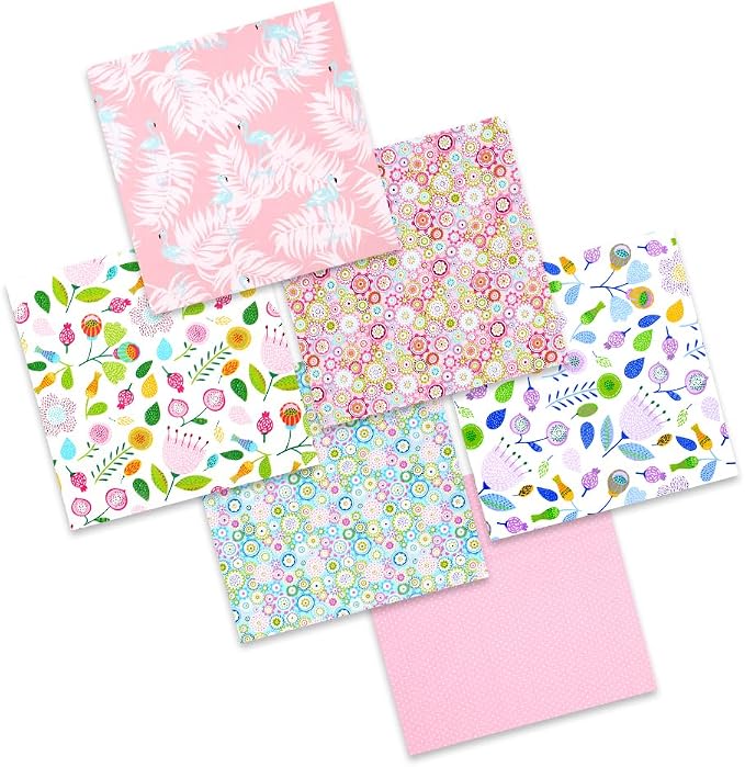 Fat Quarters Fabric Bundles,Pink Flamingo Floral Fabric 6PCS,Tropic Summer Style Cotton Fabric Material Squares 50 x 50 cm/20 x 20 Inch for Sewing Quilting Patchwork DIY Crafting Dressmaking Projects