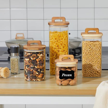 Layhit 4 Pcs Glass Food Storage Jars with Airtight Wood Lid Storage Jars Containers with Stickers Marker for Candy, Cookie, Rice, Sugar, Flour, Pasta, Nuts, 4 Size (Square)