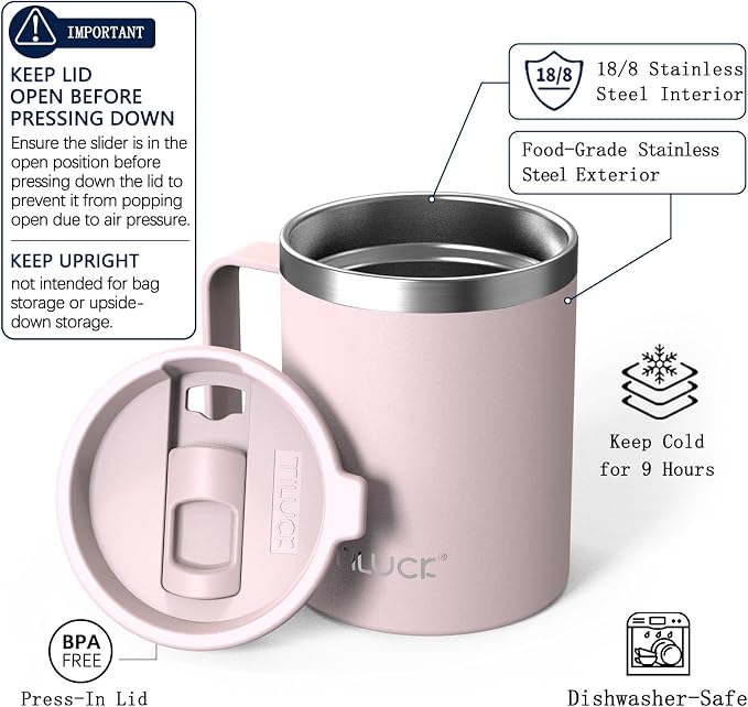 TILUCK 12 oz Insulated Coffee Mug with Lid, Double Wall Vacuum Insulated Travel Mug Cup with Handle for Hot or Cold Drinks（12oz，Matte LightPink）