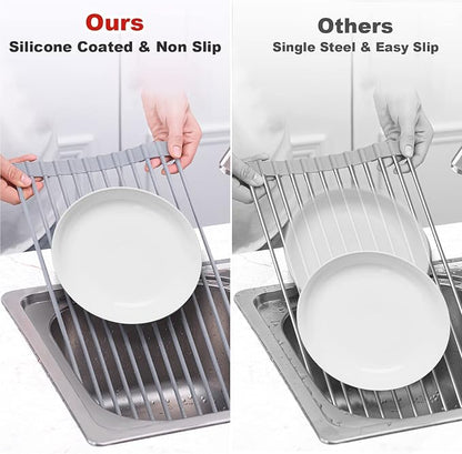 MERRYBOX Roll Up Dish Drying Rack, Over The Sink Dish Rack Foldable, Heat-Resistant, Anti-Slip Silicone Coated Steel Dish Drainer for Kitchen Sink, Multipurpose Roll Up Sink Drying Rack, 17.5" x 13"