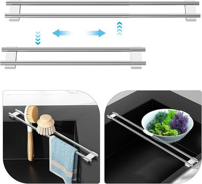 Dish Cloth Holder for Kitchen Sink, Adjustable Over-The-Sink Dish Rag Rack, Metal Kitchen Racks Sink Brush Holder, Drying Rack for Dishcloths, Sponges, Brushes, and Bottles (2, Sliver)