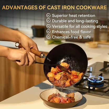 WANGYUANJI Cast Iron Wok Pan with Lid, 10.2 Inch Small Flat Bottom Stir Fry Skillet, Uncoated Traditional Chinese Iron Pot for 1-2 People, Compatible with Induction & Gas Stoves