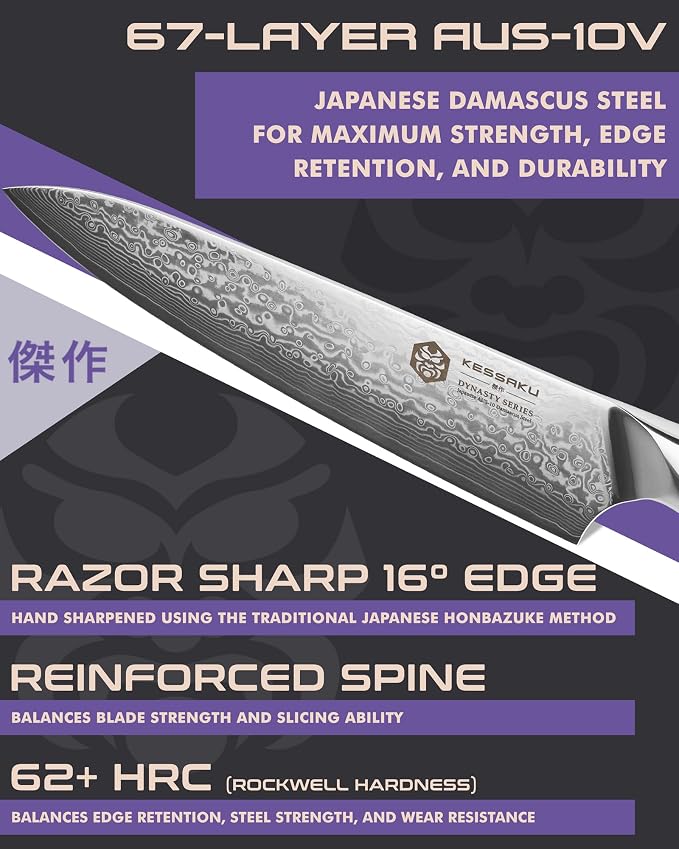 KESSAKU Chef Knife - 8 inch - Damascus Dynasty Series - Razor Sharp Kitchen Knife - Forged 67-Layer Japanese AUS-10V High Carbon Stainless Steel - G10 Garolite Handle with Blade Guard