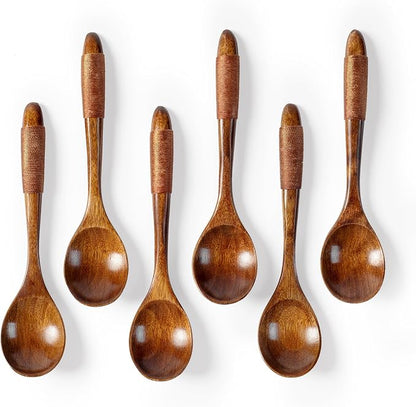 6 PCS Wooden Spoons for Honey, 6.7 inch Small Wooden Spoons - Terrific for Tea, Coffee & Soup, Little Wood Serving Table Spoon Set, Bulk Bamboo Teaspoon for Eating with Wrapped Handles