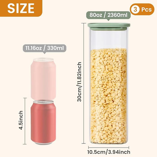 Square Glass Pasta Containers Storage 2.5 Qt Set of 3, Spaghetti Container Storage for Pasta, Nuts, Cereal, Flour, Organize Your Kitchen with these BPA-Free Glass Jars with Lids