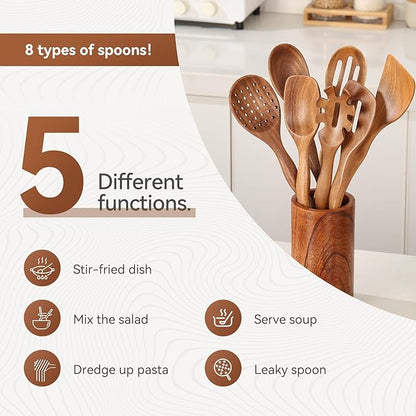 Kitchen 10PCS Teak Wooden Utensil Set with Holder and Spoon Rest | Non-stick, Easy to Clean, Durable, Smooth with Comfort Grip Wooden Spoons for Cooking - Non Toxic Wooden Cooking Utensil