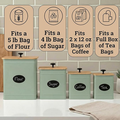 Kitchen Canisters for Countertop Set of 4 with Customizable Chalkboard Labels & Marker Pen - Big Iron Kitchen Canisters with Airtight Lids - Sage Green Canister Set - Flour and Sugar Containers