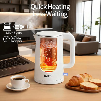 Electric Kettle 1.7L, Seamless Inner Pot, Double-Walled Design, BPA-Free, Tea, Coffee & Hot Water Boiler, Dual-Angle Lid Opening, Auto Shut-Off & Boil-Dry Protection, 304 Stainless Steel, 1000W