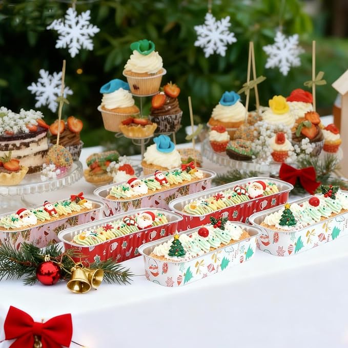 50Pack Mixcolor Christmas Mini Cake Pans with Lids and Spoons Mini Loaf Pans with Lids, 6.8Oz Aluminum Foil Pans Tins, Individual Dessert Cups Containers for Sales,Party,Picnics