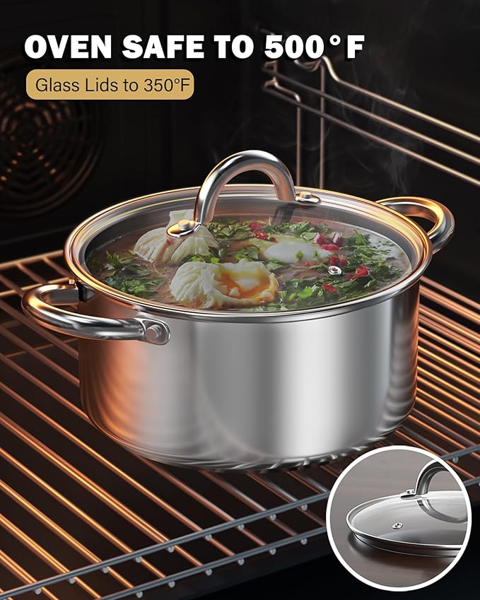 Cook N Home Basics Stainless Steel Pots Set, 1.5 & 3 Qt Sauce Pots with Lid, 5.5 Qt Dutch Oven Stockpot, Induction Compatible, Dishwasher & Oven Safe, Riveted Handles, 6-Piece