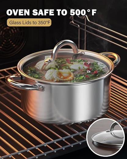 Cook N Home Basics Stainless Steel Pots Set, 1.5 & 3 Qt Sauce Pots with Lid, 5.5 Qt Dutch Oven Stockpot, Induction Compatible, Dishwasher & Oven Safe, Riveted Handles, 6-Piece