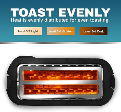 Elite Gourmet ECT4400B# Long Slot 4 Slice Toaster, Countdown Timer, 6 Toast Setting, Defrost, Cancel Function, Built-in Warming Rack, Extra Wide Slots for Bagel Waffle, Stainless Steel