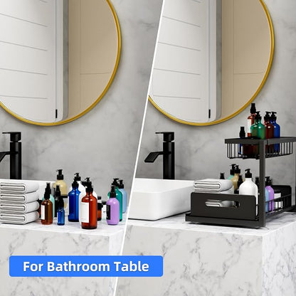 2-Tier Under Sink Slide Out Organizer, 2 Pack Pull Out Cabinet Storage Shelf with Sliding Wire Basket Drawer for Bathroom Kitchen, Countertop or Pantry Shelf, Black