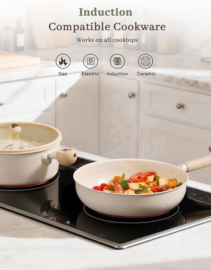 Astercook Pots and Pans Set Non Stick, Ceramic Cookware Set Non Toxic, 18 Pcs Dishwasher Safe Induction Cookware for Everyday Cooking & Housewarming Gifts