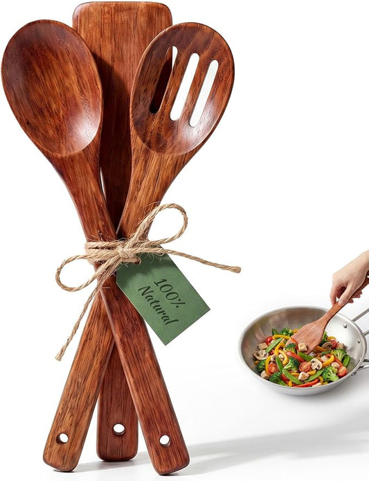 HANSGO Wooden Spoons for Cooking, 3PCS Kitchen Utensils Set for Nonstick Pans, 12Inch Wooden Spatula for Stirring Frying Mixing, Sturdy & Smooth Edges, Kitchen Gifts for Women, Cooking Gifts for Men