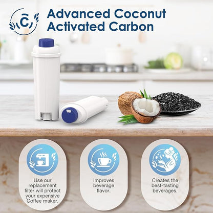 DLSC002 Water Filter Replacement Compatible With Delonghi Coffee Machine Filter Activated Carbon Softener For De'longhi Magnifica evo, Dinamica, Eletta, ECAM, ESAM, ETAM, Bco410/420, Ec680/800, 6 Pack