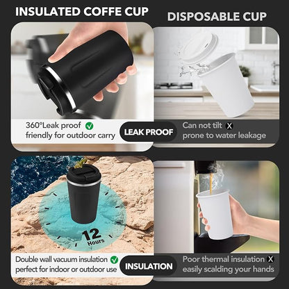 Volhoply 12 oz Double Wall Insulated Vacuum Travel Coffee Mug with Flip Lid Bulk 8 Pack,Reusable Stainless Steel Leak Proof Coffee Cup,Portable Cafe Thermal Tumblers for Hot & Cold Drinks(Black,8 Set)
