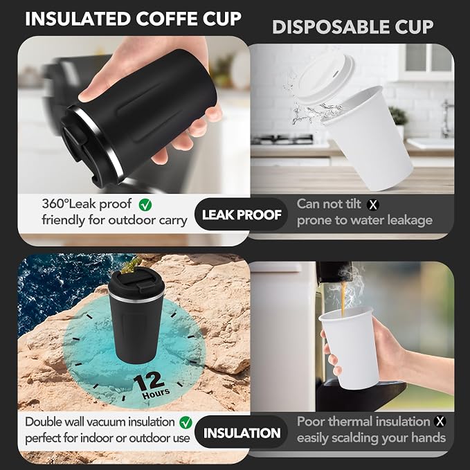 Volhoply 12 oz Double Wall Insulated Vacuum Travel Coffee Mug with Flip Lid,Reusable Stainless Steel Leak Proof Coffee Cup,Portable Iced Cafe Thermal Tumbler Suitable for Hot&Cold Drinks(Black,1 Set)