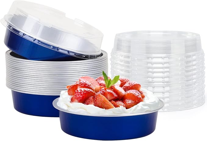 Beasea Mini Tart Pan 20 Pack with Lids, 4 Inch 8oz Jewelry Blue Disposable Aluminum Baking Foil Tins Small Round Container for Individual Dessert Cupcake Muffin Cheesecake Ramekins Quiche Oven Dishes