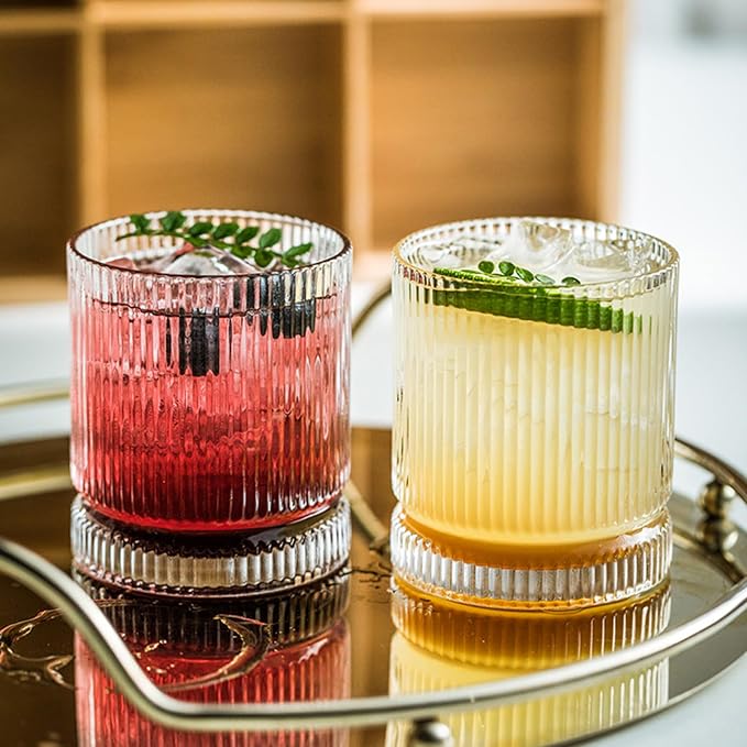 KEMORELA Ribbed Glass Cups Set, 13oz Vintage Drinking Glassware Set of 4, Premium Glassware, Elegant Mixed Glassware Set, Origami Style Cocktail Glasses, Great for Cocktail, Whisky & Beverages