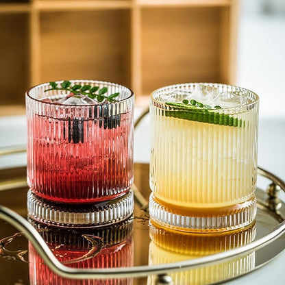 KEMORELA Ribbed Glass Cups Set, 13oz Vintage Drinking Glassware Set of 4, Premium Glassware, Elegant Mixed Glassware Set, Origami Style Cocktail Glasses, Great for Cocktail, Whisky & Beverages