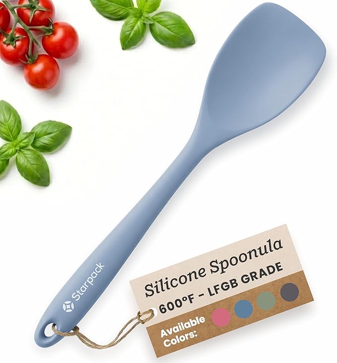 StarPack Silicone Spoonula The All-Rounder 11 Inch - LFGB Spoon Spatula, 600°F Heat Resistant, BPA-Free - One-Piece Seamless, Dishwasher Safe - for Nonstick Cookware, Light Blue