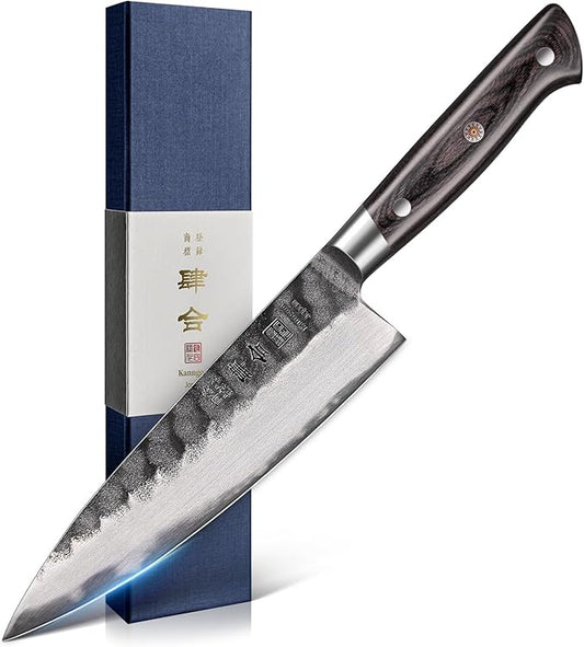kanngou 8 Inch Chef Knife, Japanese Chefs Knife Black Forged Kitchen Knife with AUS-8 Alloy Steel and Full Tang Pakkawood Handle, Christmas Gift with Premium Box