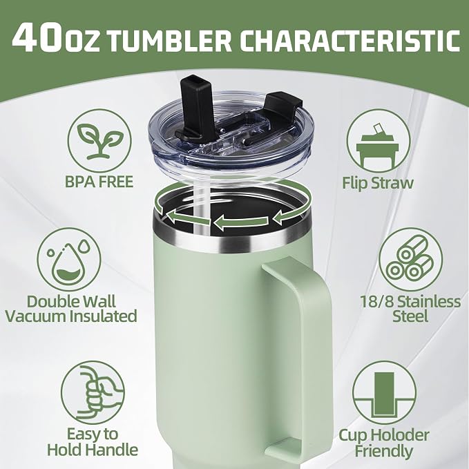 40 oz Tumbler with Handle and Flip Straw, 100% Leakproof Insulated Tumbler with Lid and Straw, Stainless Steel Travel Coffee Mug, Insulated Coffee Thermal Cup for Cold and Hot (Green Tea)