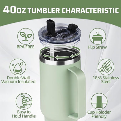 40 oz Tumbler with Handle and Flip Straw, 100% Leakproof Insulated Tumbler with Lid and Straw, Stainless Steel Travel Coffee Mug, Insulated Coffee Thermal Cup for Cold and Hot (Green Tea)