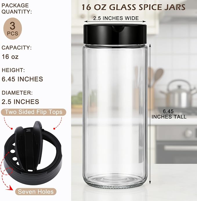 3 Pack 16 oz Glass Spice Jars with Shaker Tops Lids Large Spice Bottle with Lids for Kitchen, Herbs, Sugar, Pantry Herb Salt Pepper Storage (Round)