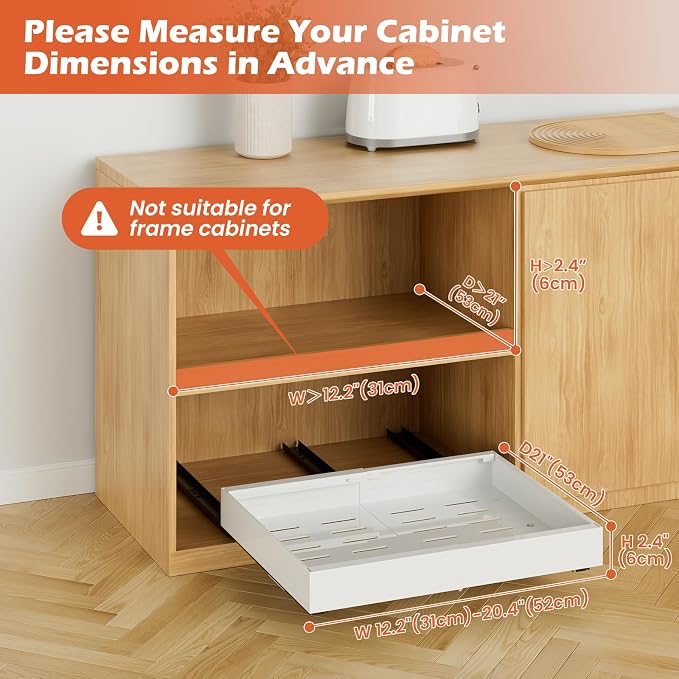 lockincar 2 Pack Expandable Pull Out Cabinet Organizer 21" Deep, Adjustable Width 12.2"-20.4" Slide Out Drawers & Roll Out Shelves for Kitchen Cabinets, Easy Install with Double-Sided Adhesive, White