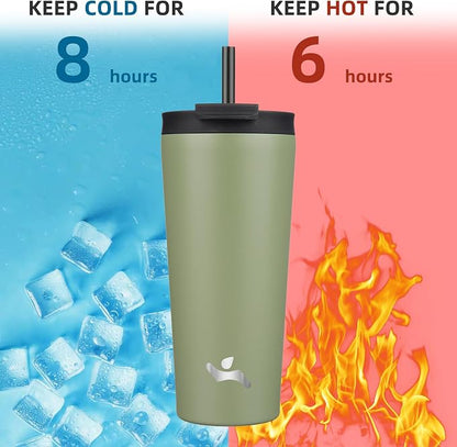 Konokyo 22 OZ Insulated Tumbler with Lid and 2 Straws Stainless Steel Water Bottle Vacuum Travel Mug Coffee Cup,ArmyGreen