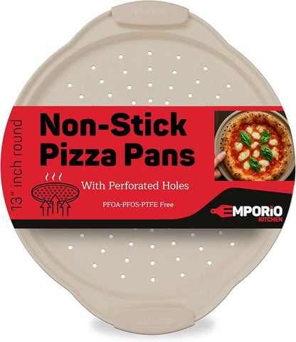 Non-Stick Pizza Pan with Silicone Handle 1 Pack, 13 Inch Round Carbon Steel Tray with Perforated Holes, Dishwasher & Oven Safe Up To 450°F, PFOAPFOSPTFE Free, Durable Nonstick White Marble Coating