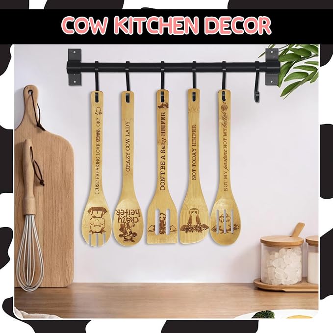 6PCS Cow Gifts for Women, Unique Cow Print Bamboo Spoons Set with Cute Keychain, Kitchen Gifts for Women Mom Sister Bestie