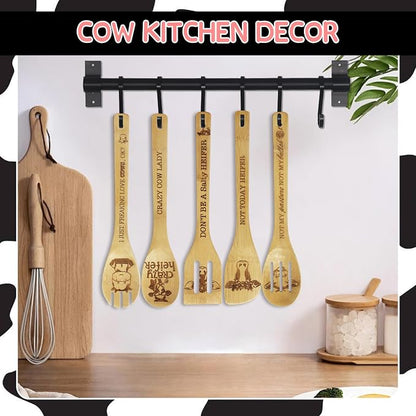 6PCS Cow Gifts for Women, Unique Cow Print Bamboo Spoons Set with Cute Keychain, Kitchen Gifts for Women Mom Sister Bestie