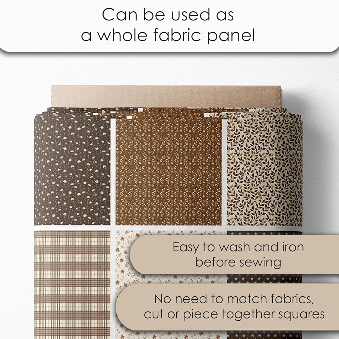 Cotton Satin Patchwork Fabric Panel – 35 Designs, 20×20 cm Squares, Single Piece 150×110 cm, Brown Patchwork Quilt Fabric (Autumn Brown Patchwork Set, 35pcs 8x8 inch)