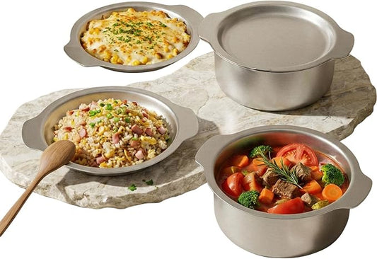 6-Piece Stainless Steel Cookware Set, 304 Food-Grade Nesting Pots and Dual-Use Lids, Stackable Space-Saving Design, All Cooktops Compatible, for Cooking, Baking and Serving