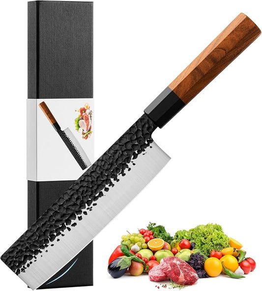 RASSE Japanese Nakiri Knife 7" Kitchen Knife Sharp Meat Cleaver and Vegetable Kitchen Knives Hand Forged High Carbon Japanese AUS-8 Stainless Steel Chef Knife with Rosewood Handle & Gift Box
