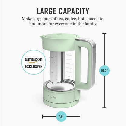 Martha Stewart Electric Kettle with Removable Stainless Steel Tea Infuser, Glass Carafe 1.7L (7 Cups), Hot Water Boiler, 4 Presets, Keep Warm & Auto Shut-Off, Cordless 360° Swivel Base, Honeydew Green