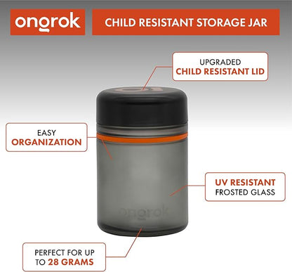 ONGROK Glass Storage Jar, 500ml, 2 Pack, UV Herb/Spice Jar with Child Resistant Lid, Color-Coded Glass Containers Air Proof to Preserve Smell and Aroma, Perfect Size to Store in a Drawer or Cupboard