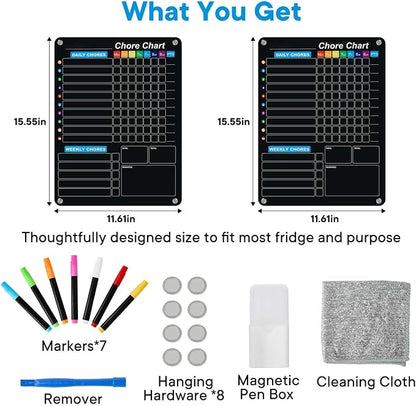 2-Pack Acrylic Magnetic Chore Chart for Kids, 12"x16" Daily/Weekly Easy-Check Reward Responsibility to Do List, Fridge Dry Erase Board for Multiple Kids Teens Adult Family with 7 Markers