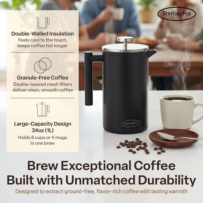 SterlingPro Small Insulated Stainless Steel French Press Coffee Maker 34oz – Insulatede Metal Double Wall Coffee Maker | Plastic Free | Cool-Touch | Black Finish | Makes up to 8 cups / 4 mugs