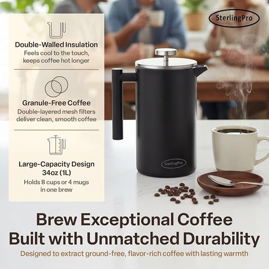 SterlingPro Small Insulated Stainless Steel French Press Coffee Maker 34oz – Insulatede Metal Double Wall Coffee Maker | Plastic Free | Cool-Touch | Black Finish | Makes up to 8 cups / 4 mugs