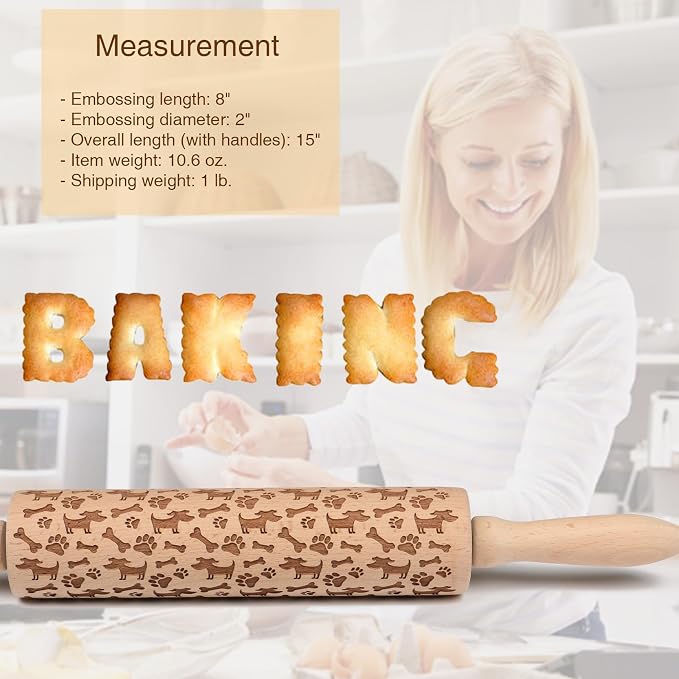 Embossed Rolling Pin for Baking Cookies Embossing Rolling Pins with Design Wooden Engraved Springerle Roller Pin Dough Animal Patterned Clay Pottery Ceramic Stamp Mold Gifts Bakers Women Kids (Dog)