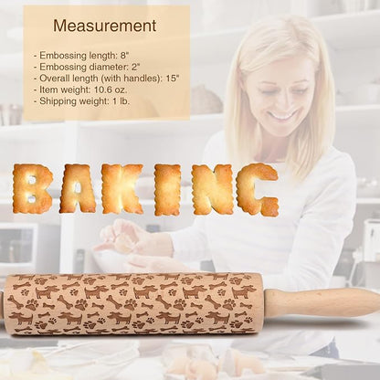 Embossed Rolling Pin for Baking Cookies Embossing Rolling Pins with Design Wooden Engraved Springerle Roller Pin Dough Animal Patterned Clay Pottery Ceramic Stamp Mold Gifts Bakers Women Kids (Dog)