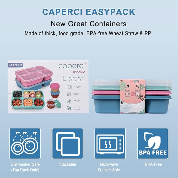 Caperci Bento Box Adult Lunchable Container - Reusable 3-Pack Snack Box Containers with 5-Compartment & 3pc Dressing Cups, BPA-Free Food Storage for Meal Prep, School, Work (Dark & Clear Lids)