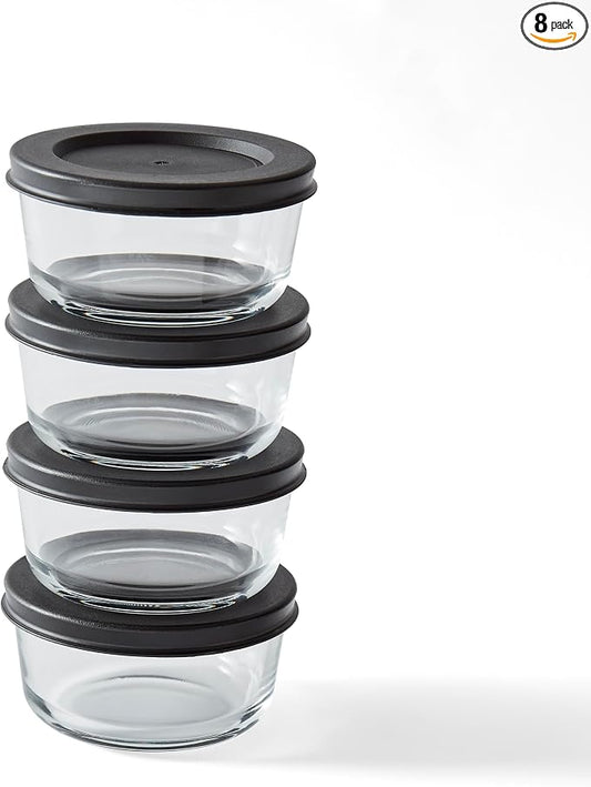 8-Piece Glass Food Storage Containers Set (4 Containers + 4 BPA-Free Lids) | 1-Cup, Leakproof | Microwave, Freezer, Oven & Dishwasher Safe | Ideal for Meal Prep & Pantry Organization, Black
