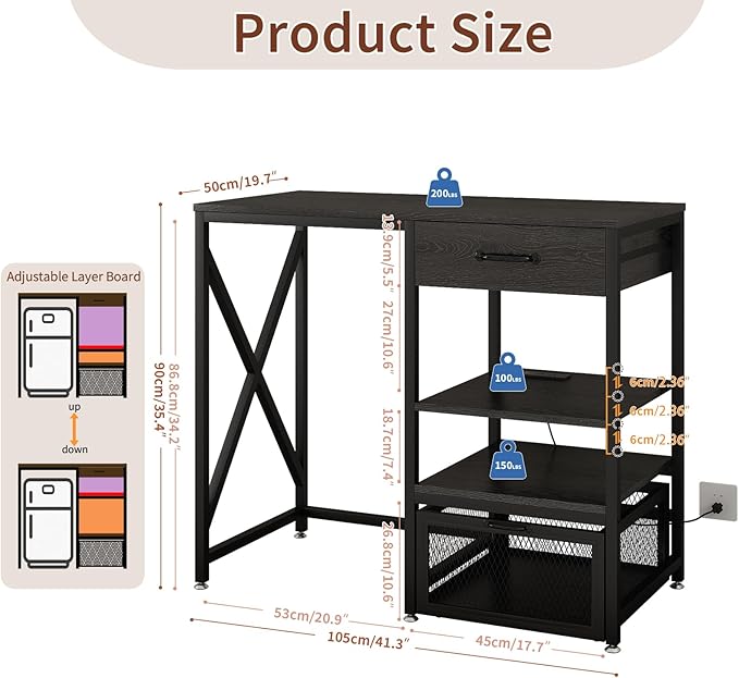 METYERRY Kitchen Bakers Rack with Power Outlet, Microwave Stand with Drawer, Mini Fridge Stand with Adjustable Shelves,Mini Fridge Cabinet Suitable for Dining Room, Dorm,Home, Black